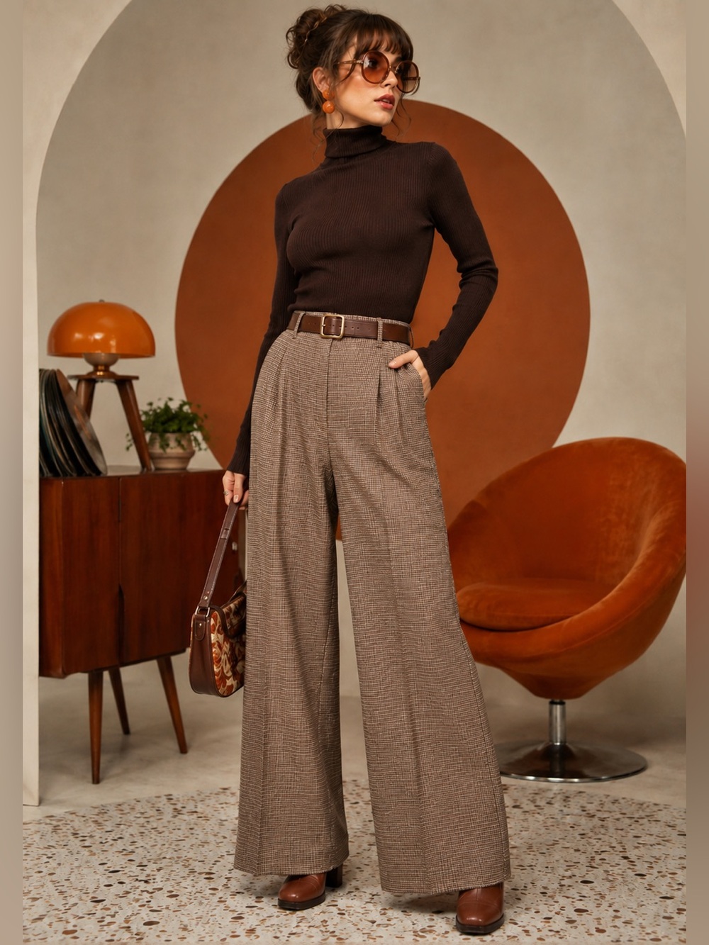 House of Harlow 1960 Brown Sequin Houndstooth Wide Leg Pants XS